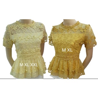 เสื้อลูกไม้สีเหลืองทองอร่ามดูสง่างามแขนสั้ยชายระบายหรูหราเกรดพรีเมี่ยมออกงานงานตัดเย็บเองเน้นลายงานตัดเย็บทันสมัยPRS29