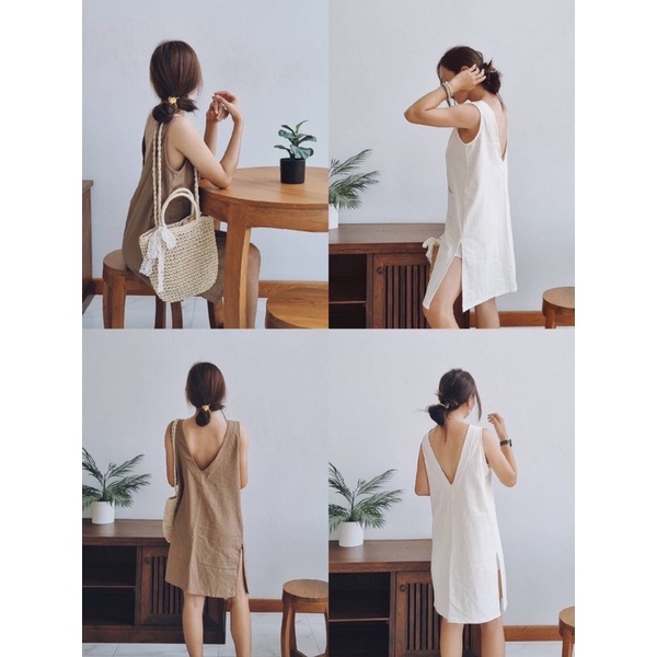 TripleT.store เดรสผ้าฝ้ายเปิดหลัง ชุดเดรสมินิมอล