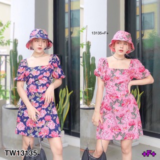 J13135 Dress เดรสแขนพองเว้าหลัง+หมวก ลายดอก