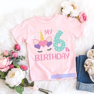 เสื้อยืดแขนสั้น พิมพ์ลายการ์ตูนยูนิคอร์น It My 2-9th Birthday Numuber Kawaii สีชมพู สําหรับเด็กผู้หญิง