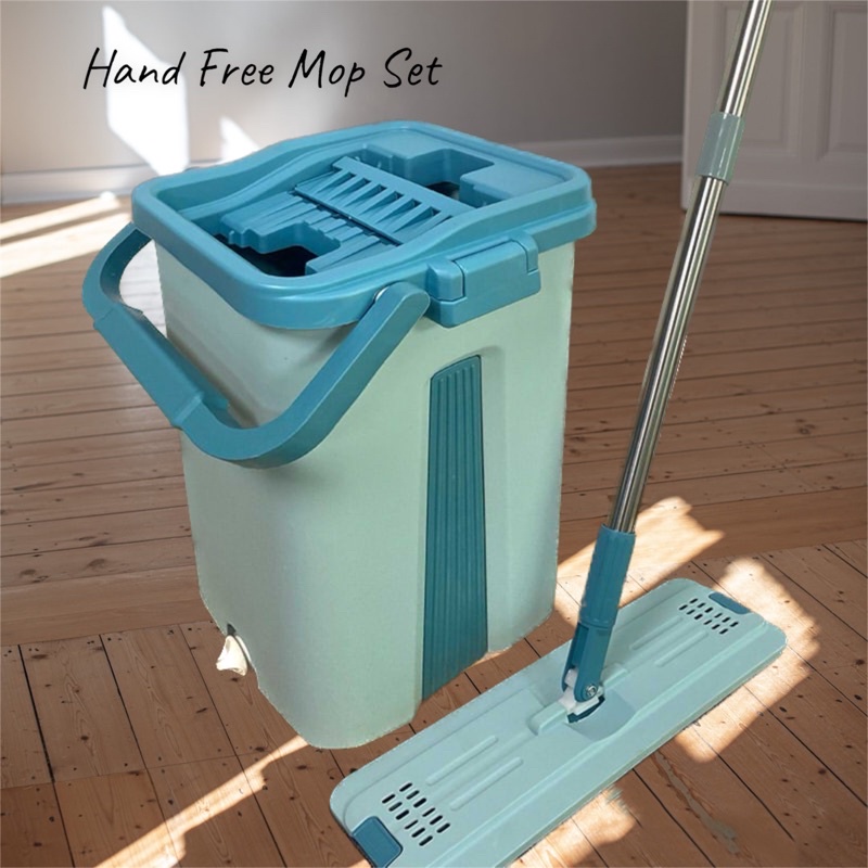 Mop Hand-Free And Easy Squeeze Dry Flat Mop พร้อมถังใหญ่ไมโครไฟเบอร์ Mop Pad Cepat Kering