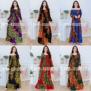 #52/28 Maxi dress bigsize แมกซี่เดรสลายหางนกยูงใส่ได้สองแบบ แขนยาวคอปาดใส่ยางดึงสม้อคใส่ได้สองแบบ