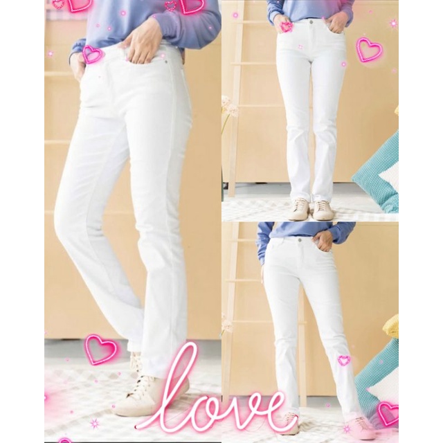 Wow Wow Wow Women Demin Pants กางเกงยีนส์ขากว้างทรงสลิมสีขาวยืดหลวม