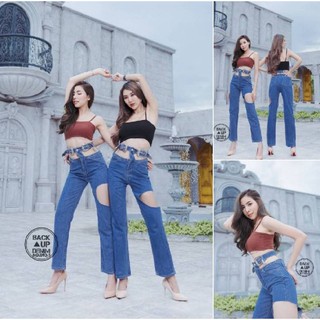 Back UP Jeans  รหัสสินค้า NO.093-1 กางเกงยีนส์ผ้าด้านสียีนส์แต่งเว้าน่องกับเอว