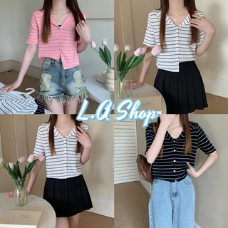 L.A Shop พร้อมส่ง เสื้อครอปไหมพรม แขนสั้นคอปกน่ารักดีเทลลายทางคิ้วๆ (91050)