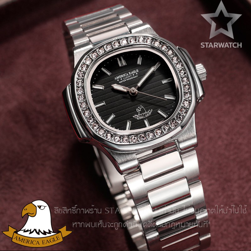 นาฬิกาข้อมือ นาฬิกาสมาทวอช AMERICA EAGLE นาฬิกาข้อมือผู้หญิง สายสแตนเลส รุ่น AE8014Lเพชร – SILVER/BLACK