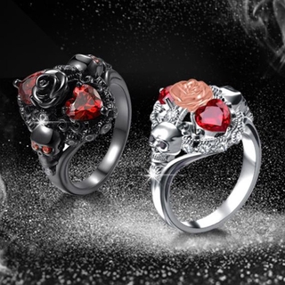 New Womens Fashion Inlaid Ruby Rose Flower Skull Ring Punk Jewelry