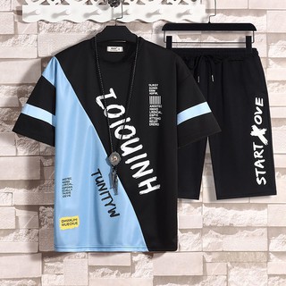 👕สินค้าพร้อมส่ง👕 เสื้อ+กางเกงขาสั้น ผ้าเบา ไม่หด ไม่ย้วย เสื้อยืดคอกลมสีพื้น ชุดกีฬาลำลองผู้ชาย@3
