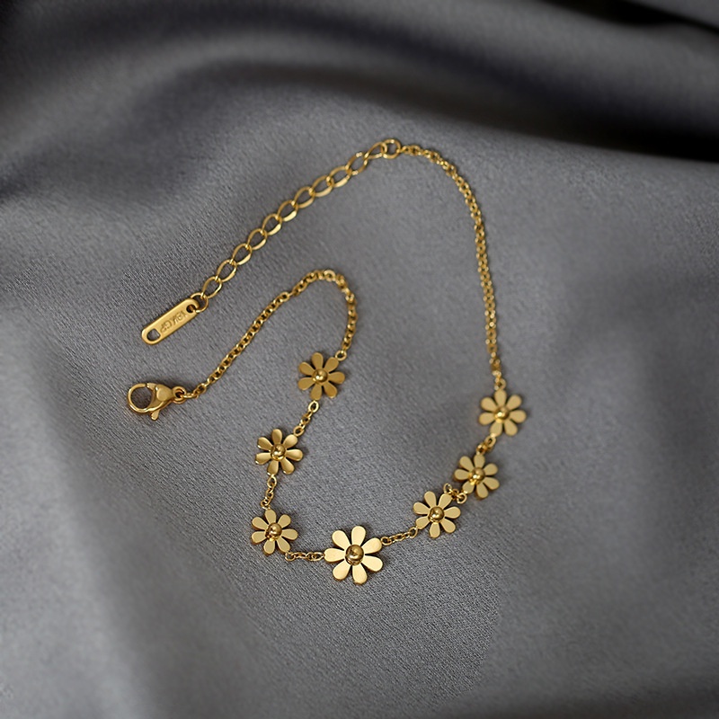 18K สร้อยข้อเท้า เหล็กไทเทเนียม ลายดอกเดซี่ ดอกทานตะวัน สีทอง เรียบง่าย สไตล์เกาหลี สําหรับผู้หญิง X01S2