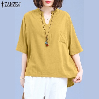 Zanzea เสื้อลําลองสําหรับสตรีแขนยาวคอวีสีพื้นทรงหลวม