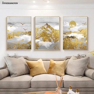 ภาพวาดผ้าใบ รูปทิวทัศน์ภูเขาหิมะ สีทอง สไตล์นอร์ดิก สําหรับตกแต่งผนังห้อง