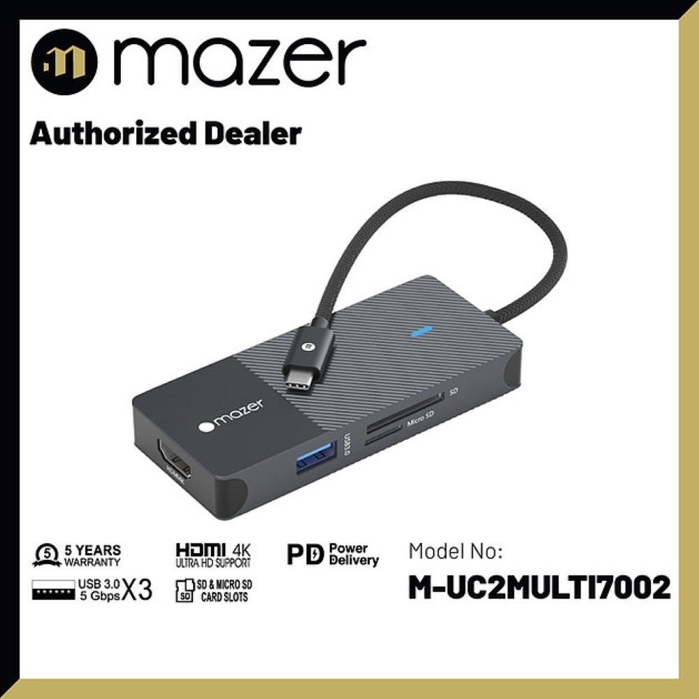 Mazer ฮับ USB C Multimedia Pro Hub 7-in-1 Black Edition รองรับ Mac M1, ไอแพด Pro, Windows 11, Samsung DEX