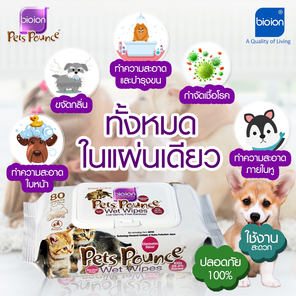 Bioion ทิชชู่เปียก ผ้าเช็ดทำความสะอาด สำหรับสุนัขและแมว กำจัดเชื้อโรค แบคทีเรีย เชื้อรา ไวรัส ลดอาการคัน กำจัดกลิ่น 1แพค