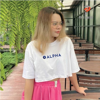 เสื้อCrop Bitcoin ลายAlpha สำหรับสาวๆ ทรงโอเวอร์ไซด์ สีขาว เนื้อผ้าCotton พรีเมี่ยม แบรนด์ PP T SHIRT