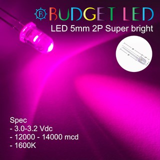 LED 5mm 2P Super bright สีชมพู แอลอีดีซุปเปอร์ไบร์ทหลอดใส ให้ความสว่างสูง ความร้อนต่ำ ( 20 ชิ้น : 50 ชิ้น : 100 ชิ้น )