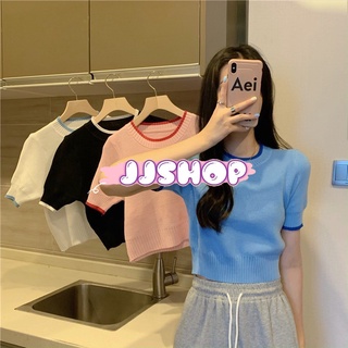 JJ Shop​💜​พร้อมส่ง  เสื้อถักไหมพรมแขนสั้น คอกลม สีพาสเทลน่ารักเกาหลีมาก "88615"