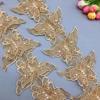 ลูกปัดไข่มุก ลายดอกไม้ ผีเสื้อ 3D สีทอง สําหรับตกแต่งขอบเสื้อผ้า งานแต่งงาน DIY 10 ชิ้น