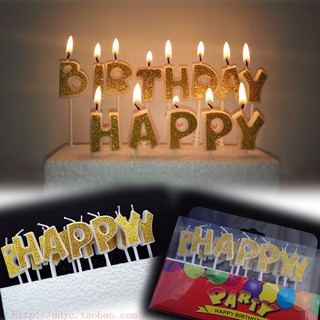 เทียนวันเกิดตัวหนังสือ Happy Birthday กากเพชรสีทอง