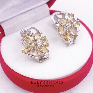 U6439 ต่างหูพลอยซิทรีนแท้ ( Citrine ) แบบอิงลิชล็อค ตัวเรือนเงินแท้ 925 ชุบทองคำขาว