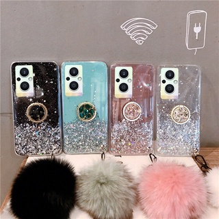 New เคส OPPO Reno 8 Z 5G Reno8 Pro 5G 2022 Fashion Starry Sky with Ring Stand + Hairball Cover เคสโทรศัพท์ Oppo Reno8Z Reno8Pro Glitter Transparent Soft Case