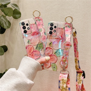 เคสโทรศัพท์ Casing Samsung Galaxy A53 A73 A33 A23 A13 LTE A52S A52 A03 A22 M23 M33 S22 S21 + Ultra Plus FE 5G 4G Girl Style Painting Peach Blossom Handphone Case Blu-ray Cover Lanyard Softcase เคส