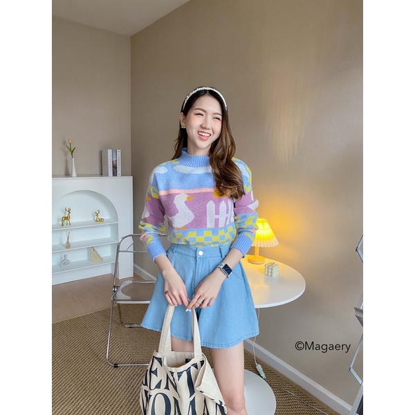 (ลดเพิ่ม 70.- ใส่โค้ด INC11FA) 🐰💙N888 สเวตเตอร์ไหมพรมทอลายสีฟ้าน่ารัก