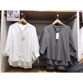 Uniqlo เสื้อเบลาส์ คอปก แขน 3/4 ผ้าเรยอน