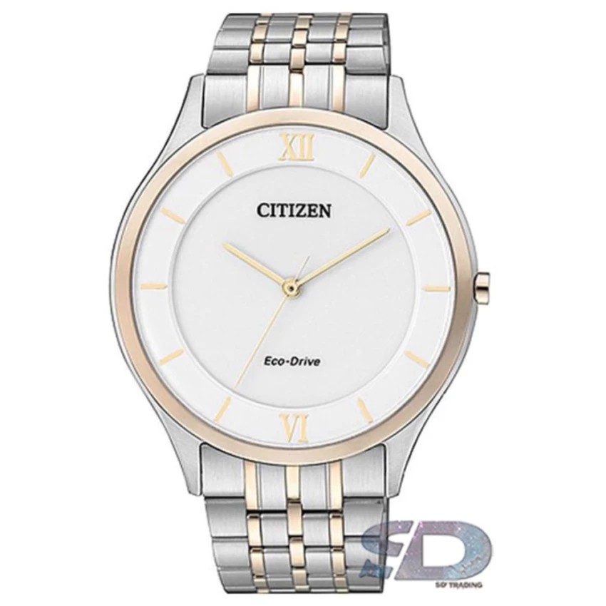 CITIZEN Eco-Drive Stiletto Super Slim Men's Watch รุ่น AR0074-51A - 2Tones PinkGold-Silver/White