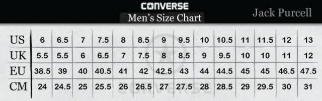 jack purcell size chart