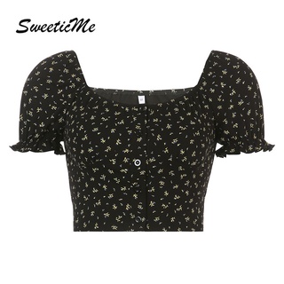 Sweeticme ใหม่ เสื้อยืดแขนสั้น คอสี่เหลี่ยม แขนพัฟ ลายดอกไม้ สีตัดกัน แฟชั่นสําหรับสตรี 2022