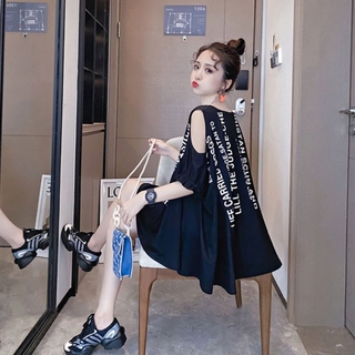 🍎ชุดคลุมท้องแฟชั่นน่ารัก,เสื้อยืดทรงหลวมเหมาะสำหรับสาวอ้วน,แขนสั้น,การออกแบบที่เป็นเอกลักษณ์,เสื้อเปิดไหล่,เดรสพลัสไซส์