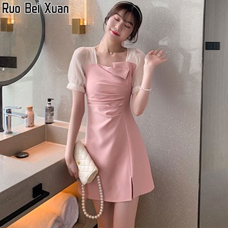 Ruo Bei Xuan ชุดเดรสคอเหลี่ยมเอวบางฝรั่งเศสแฟชั่นใหม่ของผู้หญิง