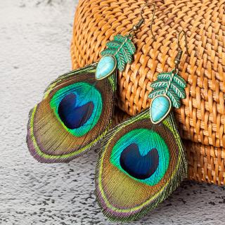 New Hot Ethnic Simple Retro Leaves Green Leaf Earrings Nature Stone Long Tassel Peacock Feather Earrings For Women Brincos 2019