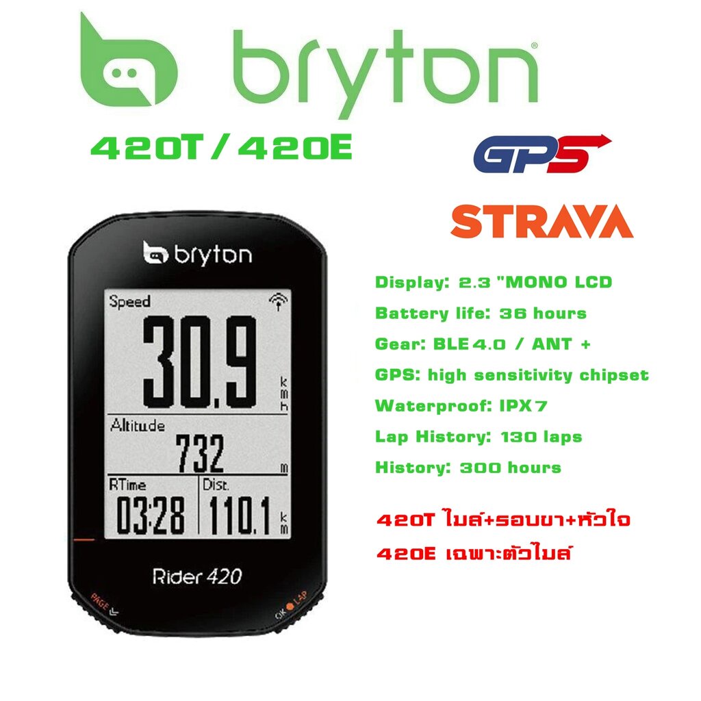 ไมล์วัดความเร็วจักรยาน แบบ GPS Bryton Rider 420E 420T พร้อมชุดวัดรอบขาและหัวใจ