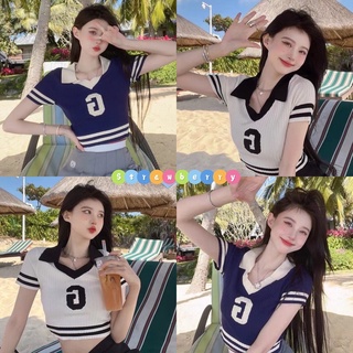 พร้อมส่ง🍓เสื้อไหมพรมแขนสั้นคอวี  คอเชิ้ต ลายGดีเทลลายทางชายยืดได้ทั้งตัวใส่สบายสไตล์เกาหลี ทูโทนสัไตล์กาเหลี เรียบหรู