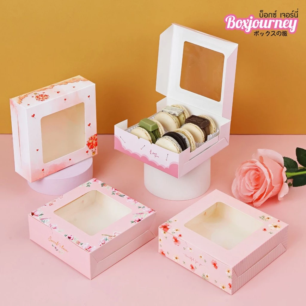 Boxjourney กล่องทรงแบนสีขาว/คราฟท์/พิมพ์ลาย 12x12x4 ซม.(20 ใบ/แพ็ค) กล่องจัดเบรค จัดเบรค กล่องใส่ขนม
