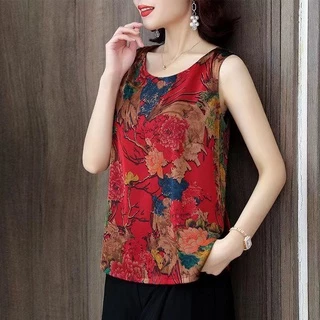 รุ่น-324เสื้อกั๊กคอกลมสตรีเสื้อแขนกุดลายดอกไม้ผ้ายืด สวมใส่สบายพร้อมส่ง