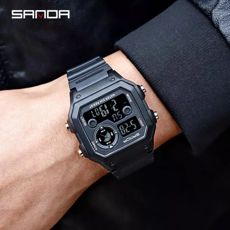 sanda นาฬิกาข้อมือดิจิตอลสําหรับผู้ชายกันน้ํามีไฟ led