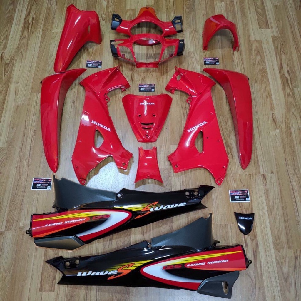 ชุดสี wave125 S หัวเถิก รูกลม 13 ชิ้น สีแดงดำ(ท้ายตัดดำด้าน) ติดลายSปี2002แดง