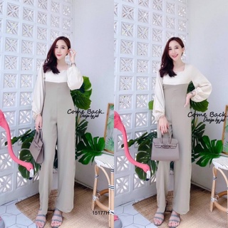 Jumpsuit จั้มสูทขายาวแขนพองสีทูโทน MM15177 Jumpsuit Two-tone puff sleeves long-sleeved jumpsuit.