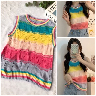 🌈 RAINBOW KNIT TOP 🌈 แขนกุดสลับสี ผ้าทอลายในตัว  งานชนช็อปเลยนะคะ mm