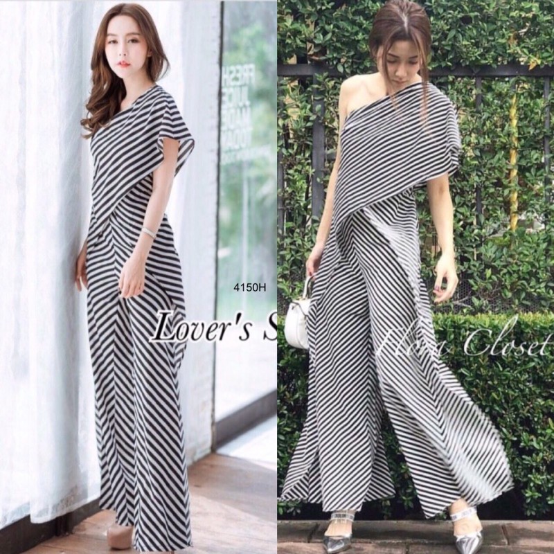 จั้มสูทไหล่เดี่ยวขายาวลายริ้ว TT4150