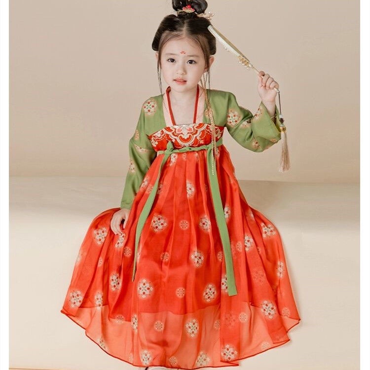 👑ชุดจีนโบราณ👑ฮันฟู เด็กสาวสไตล์จีนคอปกคู่กระโปรงเต็มหน้าอกสีแดงและสีเขียว เครื่องแต่งกายจีนโบราณ