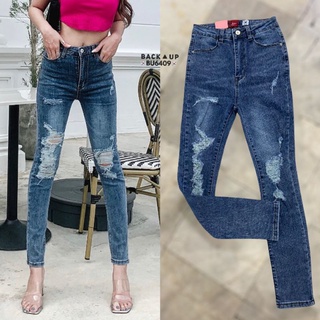 back up jeans bu6409 กางเกงยีนส์เข้มฟอกสีแต่งขาดเซอร์