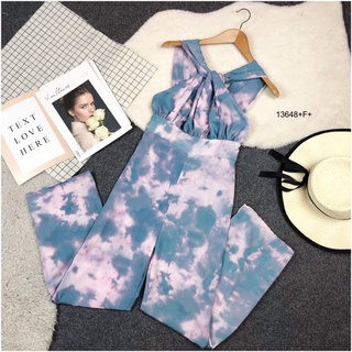 👗Pfashion [ส่งไว!!🚛] P13648 	จั้มสูทสายไขว้ลายมัดย้อม Tie-dye cross strap jumpsuit