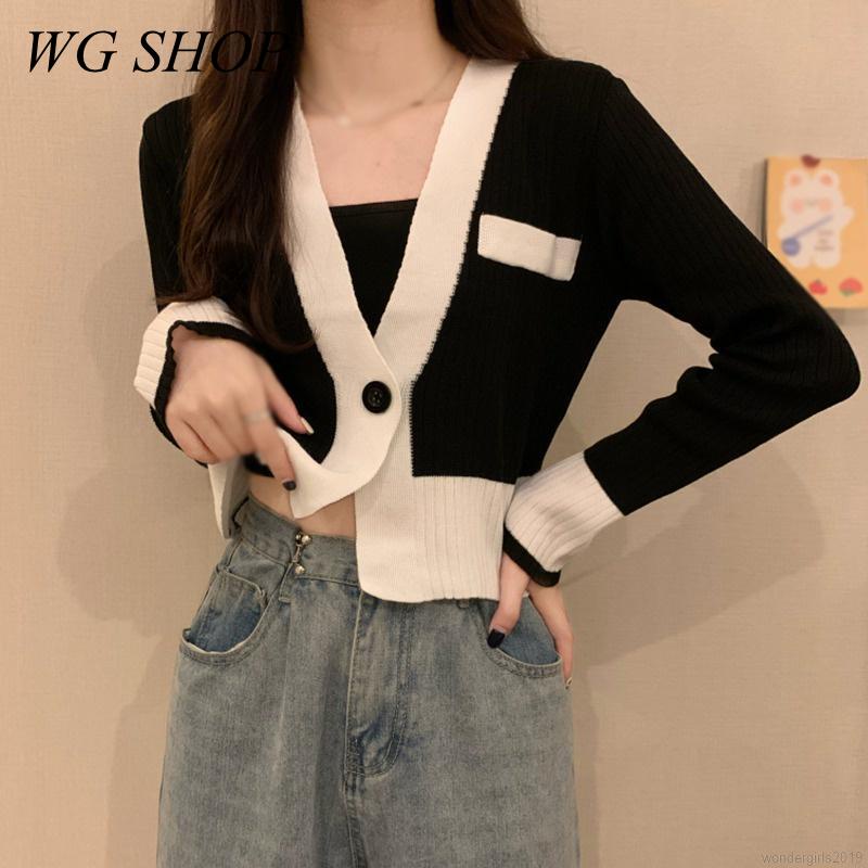 เสื้อคาร์ดิแกนกันหนาว แขนยาว ผ้าถัก แบบบาง สีคอนทราสต์ แฟชั่นฤดูใบไม้ร่วง สไตล์เกาหลีเรโทร สําหรับผู้หญิง