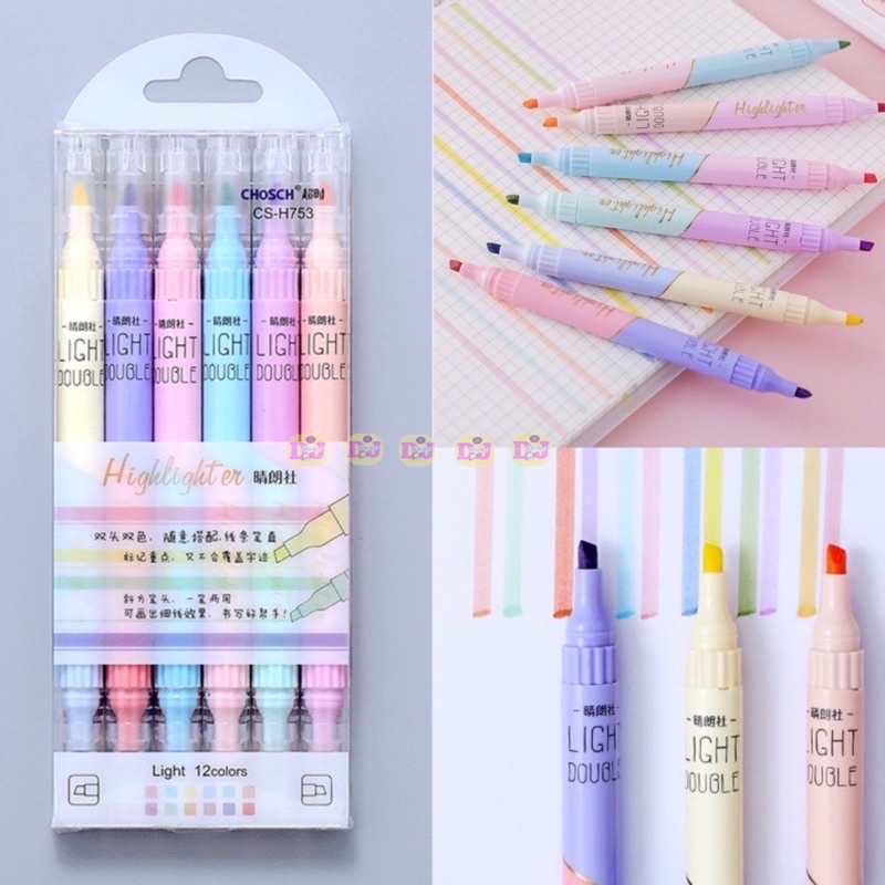 Chosch ปากกาไฮไลท์ 2 หัว 6 ด้าม 12 สี สีพาสเทล / ปากกาเน้นข้อความ 3 ด้าม 6 สี Higlighter Light Double ไฮไลท์ 2 สีk