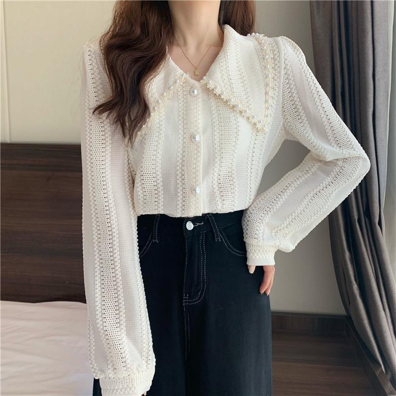 เสื้อเชิ้ตลูกไม้ เสื้อเชิ้ตแขนยาว oversize สไตล์เกาหลี แฟชั่นผู้หญิงสีพื้น มี3สี อกถึง43นิ้ว ปลอกคอตุ๊กตา