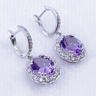 L6414 ต่างหูพลอยอเมทิสต์แท้ ( Amethyst ) แบบอิงลิชล็อค ตัวเรือนเงินแท้ 925 ชุบทองคำขาว