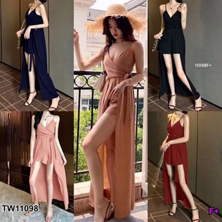 JK11098 Jumpsuit จั้มสูทสายเดี่ยวขาสั้น แต่งคลุมผ้าเป็นกระโปรง ช่วงอกไขว้ป้ายหน้า สายปรับได้ มีสายผูกโบว์ที่เอวค่ะ